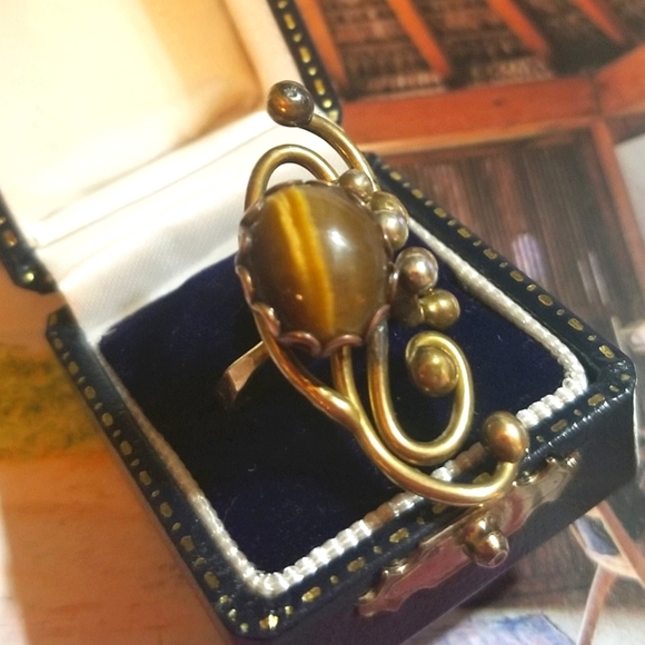 Jack Boyd Jewelry - RARE JACK BOYD Brutalist Modernist Bronze Sterling Tiger's Eye Ring